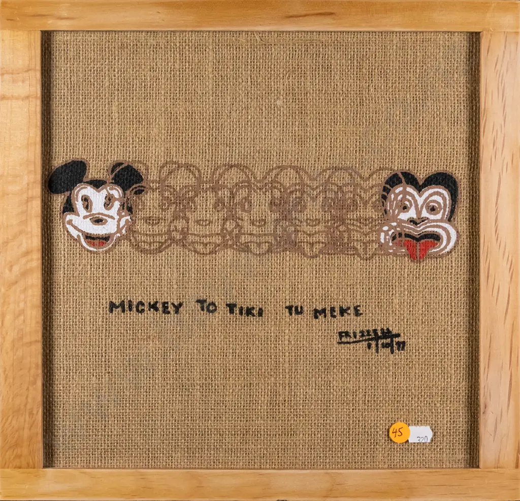 Dick Frizzell 97 - framed reproduction print on hessian - "Mickey To Tiki Tu Meke" H-290 -290 Image 1++