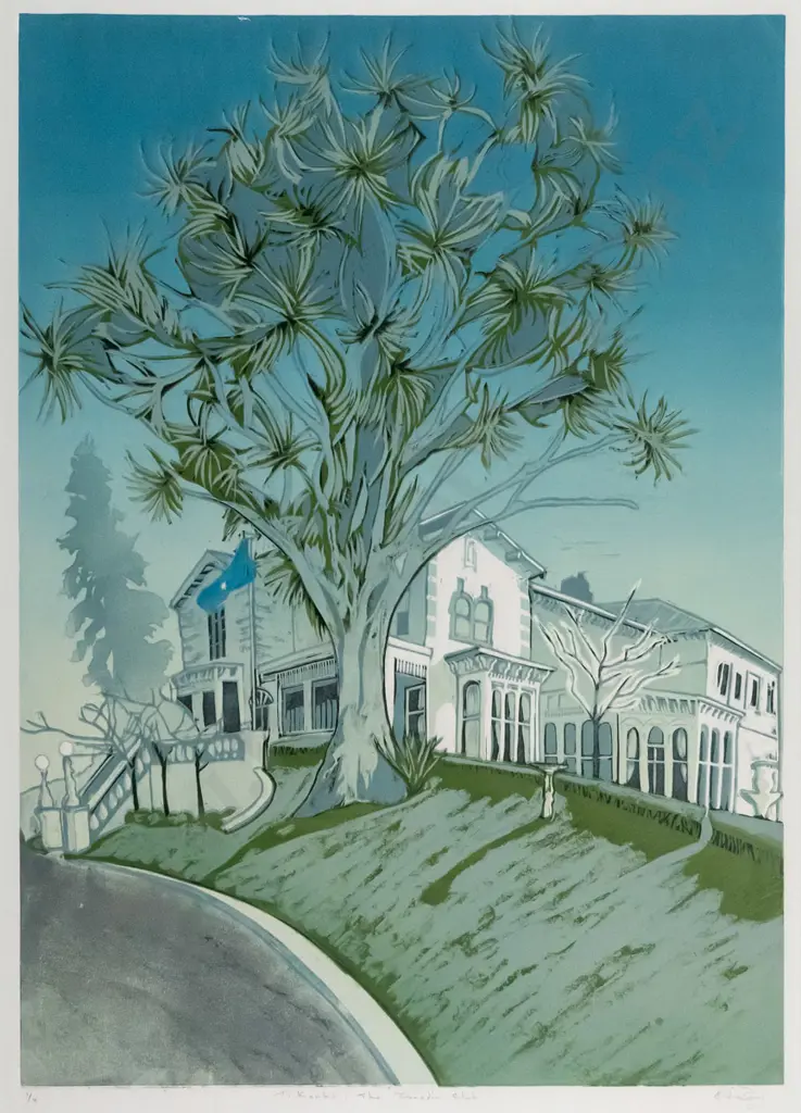 Manu Berry - framed woodcut 1/4 "Ti Kouka, the Dunedin Club" H-750 W-540 Image 1++