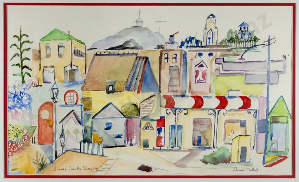 Denise McCulloch - framed watercolour and pencil - "Sumner from the Shopping Centre" H-230 W-400 Image 1++