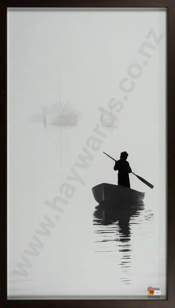 Lindsay McLeod - framed black and white photograph - person standing in dinghy H-680 W-380 Image 1++