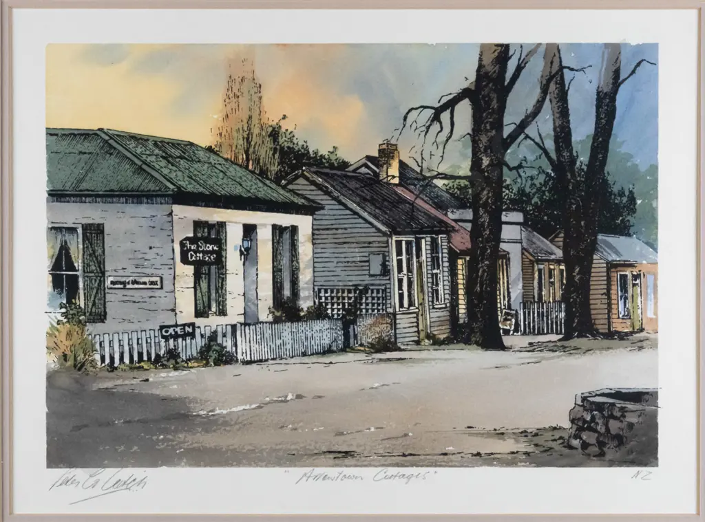 Peter G Leitch - framed hand coloured print - "Arrowtown Cottages" H-200 W-290 Image 1++