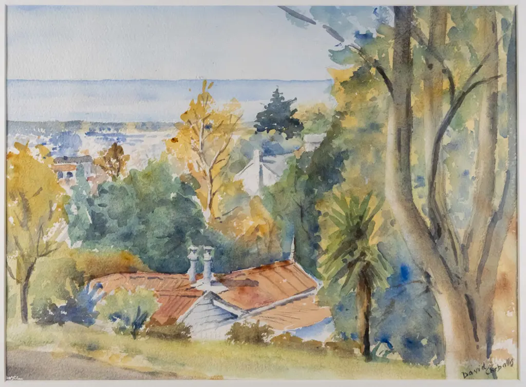 David Corballis - framed watercolour - rooftops among trees Image 1++