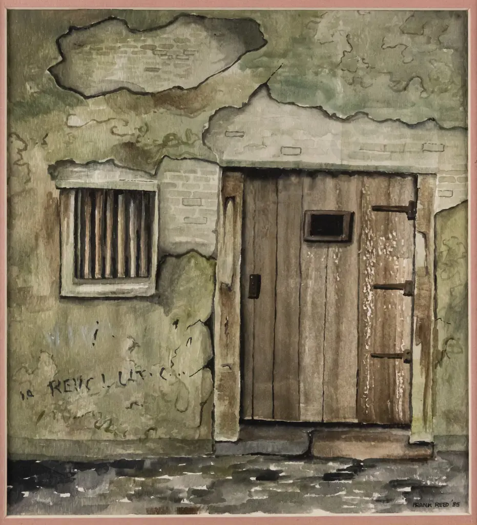 Frank Reed '85 - framed watercolour - old jail door and window H-220 W-190 Image 1++
