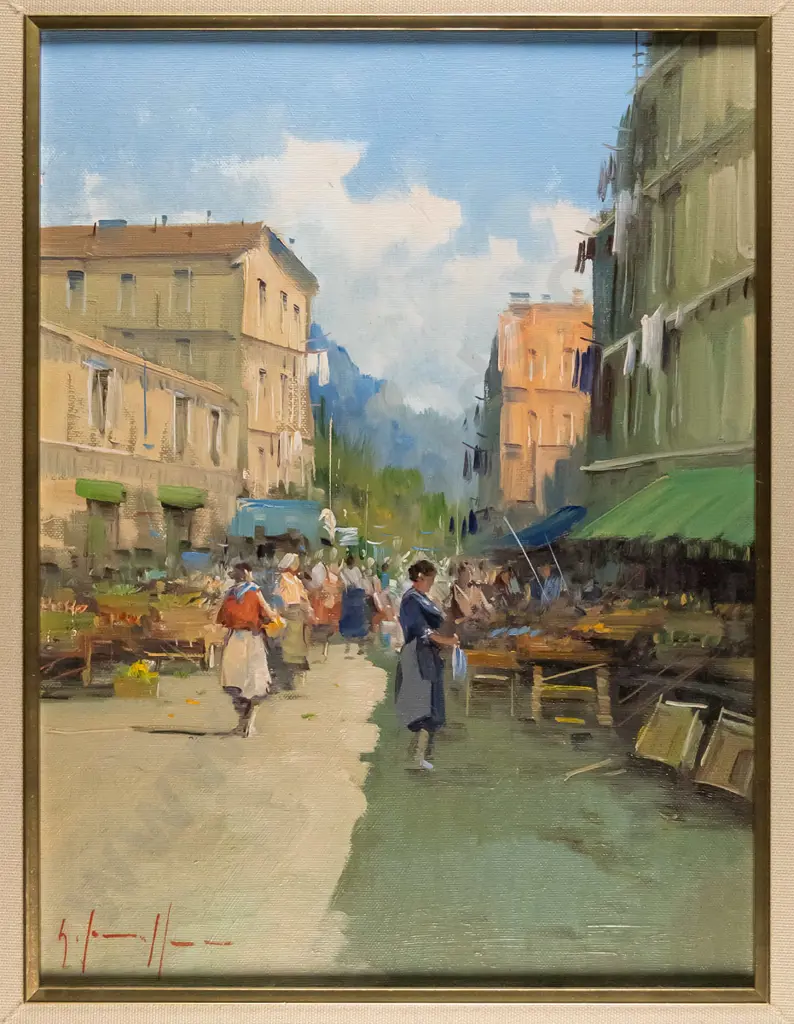 illegible signature - framed oil on canvas - market street scene H-390 W-285 Image 1++