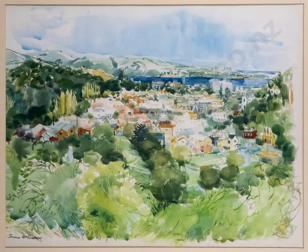Shona McFarlane - framed watercolour - Dunedin from the Northern motorway  H-490 W-610 Image 1++
