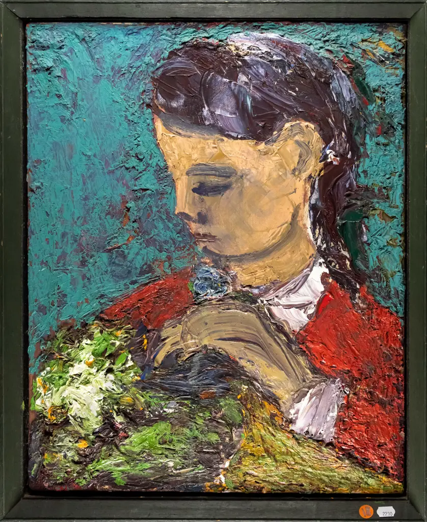 Brian James - framed oil - "mother & child in a spring garden" H-470 W-370 Image 1++