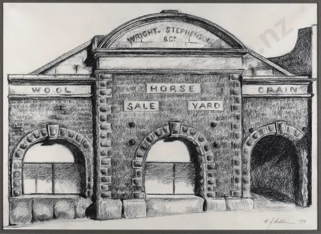 KJ Baldwin? 1988 - framed pastel - "Wright Stevenson & Co. Horse Sale Building" H-260 W-360 Image 1++