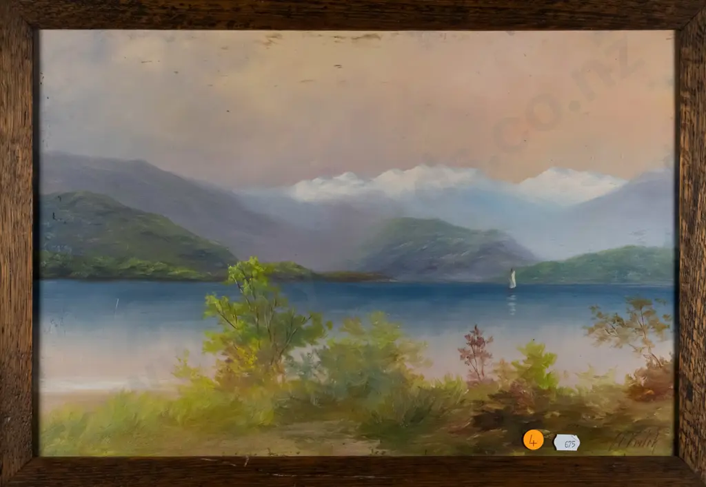 John Charles Veitch - framed oil - lake and mountain scene H-290 W-450 Image 1++