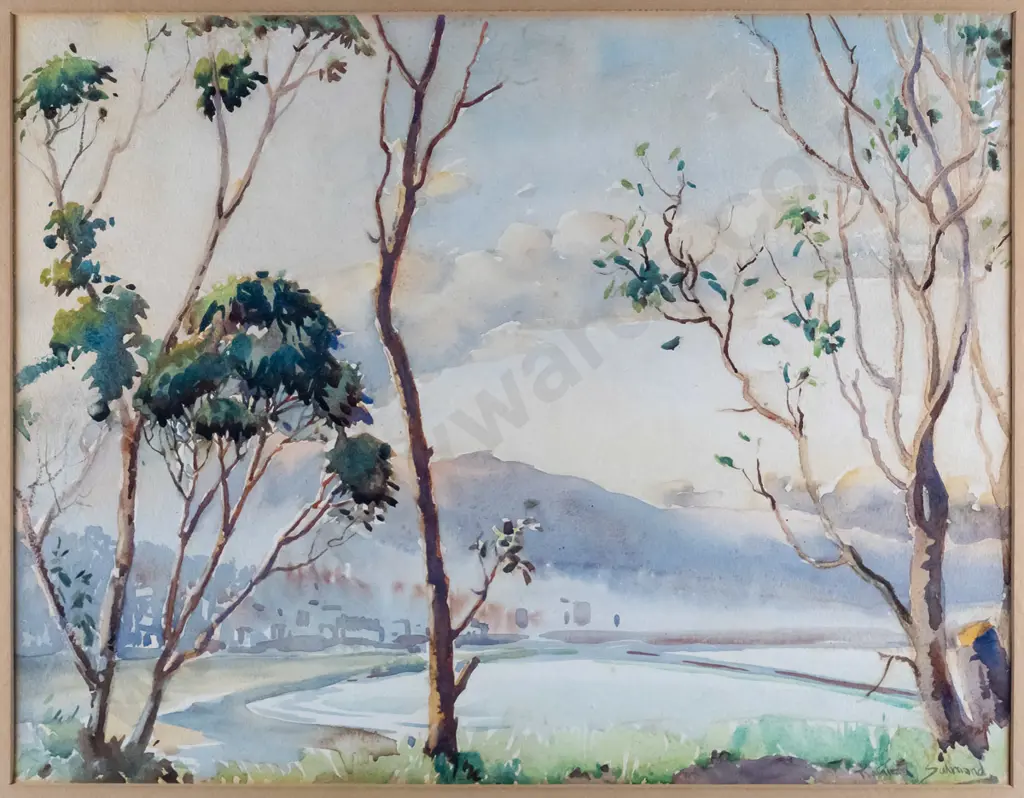 Kathleen Salmond - framed watercolour - Afternoon Light (Dunedin from Anderson's Bay) H-285 W-370 Image 1++
