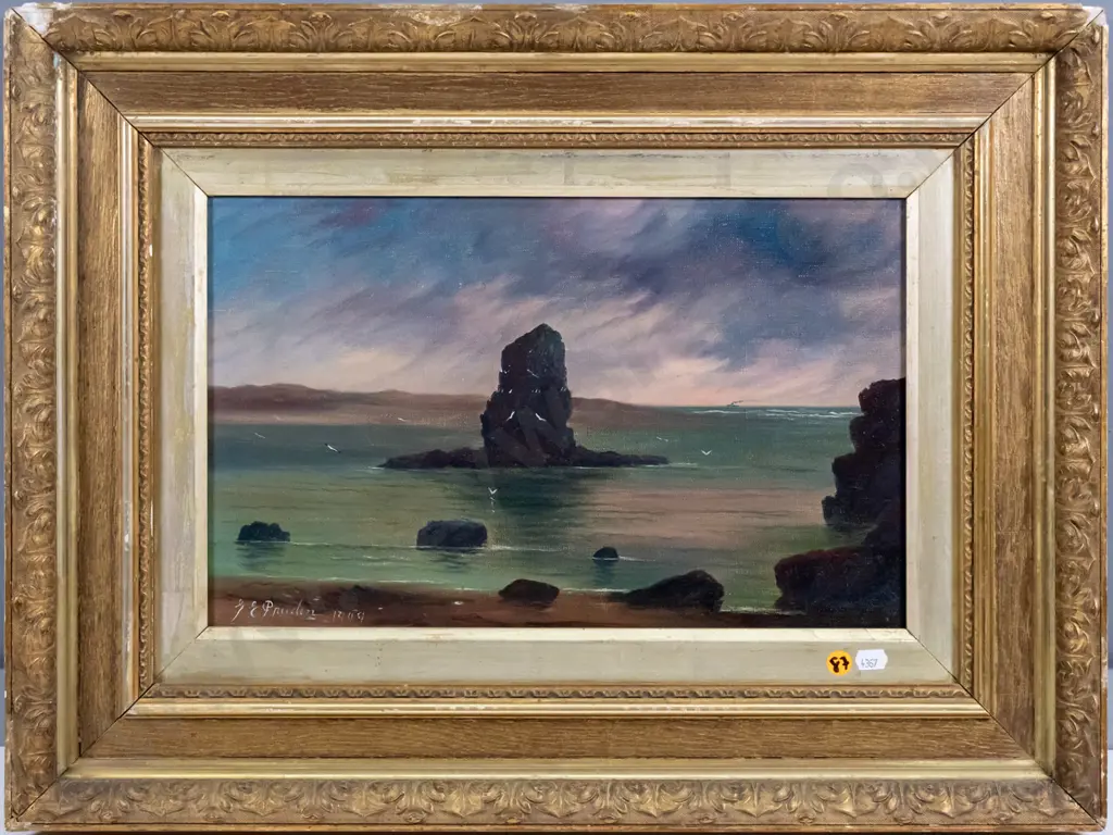 Pruden 1909 - framed oil - coastal scene. H-240 W-390 Image 1++