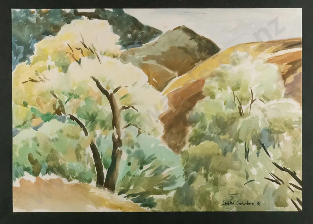 Ineke Crawford '88 - framed watercolour - "Botanical Garden Dunedin" H-240 W-345 Image 1++
