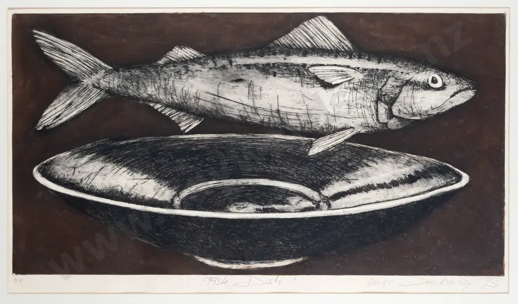 Inge Doesburg '93 - framed etching 3/8 - "Fish Dish" H-300 W-560 Image 1++