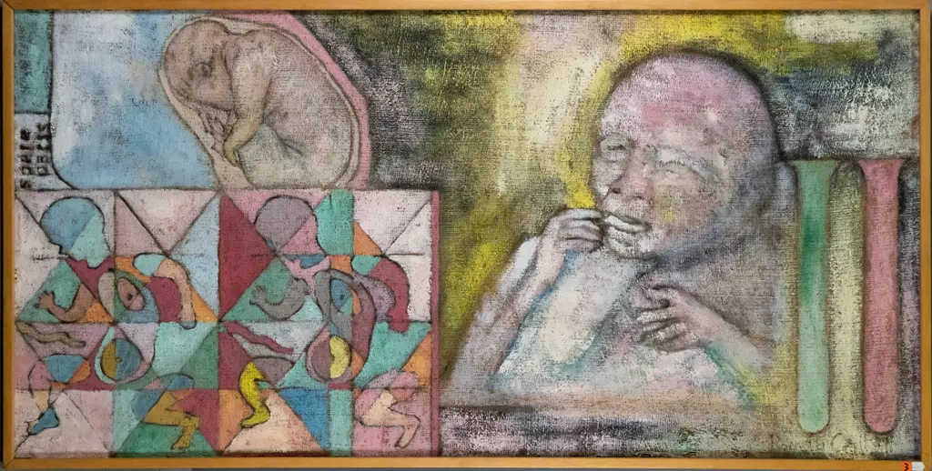Jessica Crothall  1993 - framed acrylic on hessian on board - "Spare Parts" H-590 W-1200 Image 1++