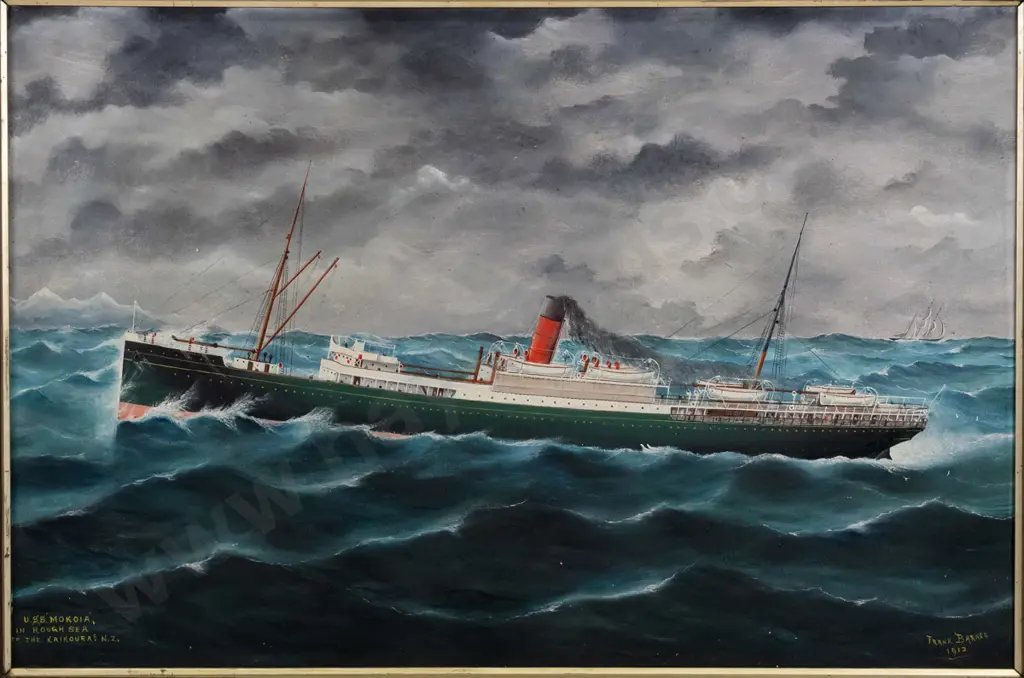Barnes 1912 - framed oil - "U.S.S. Mokoia in rough sea off Kaikoura" H-480 W-730 Image 1++