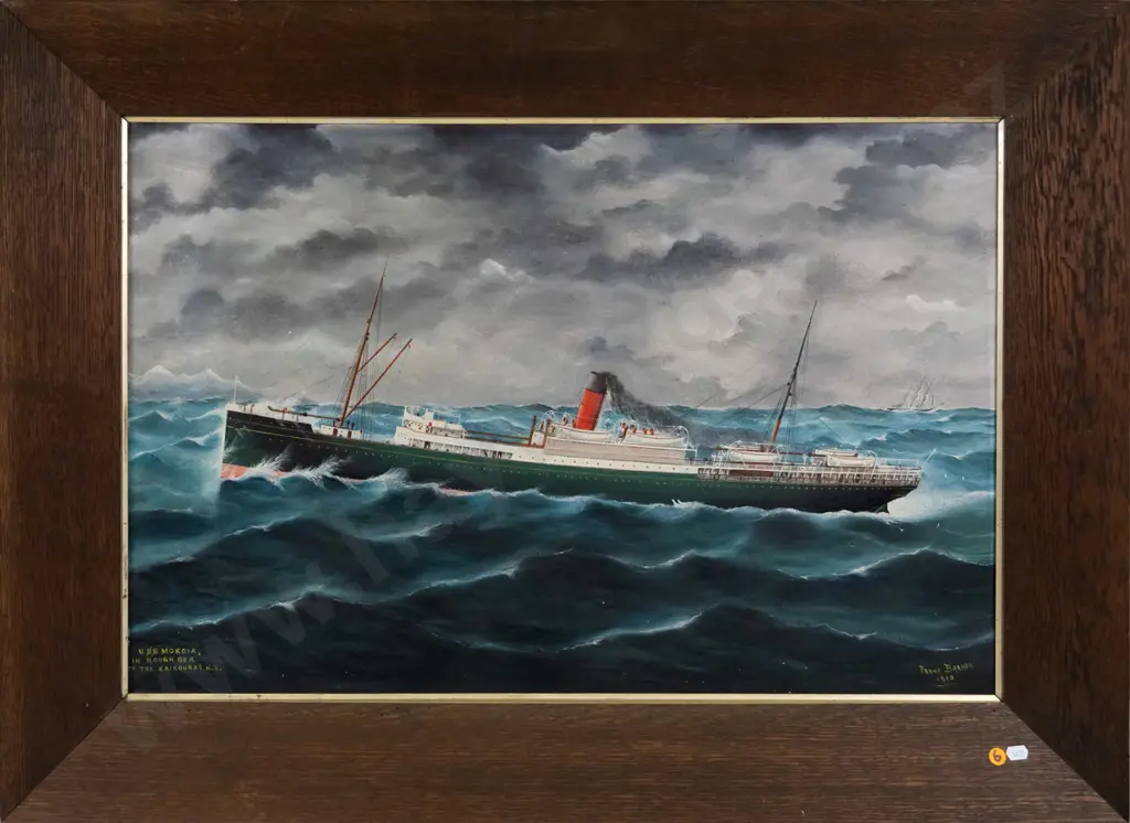 Barnes 1912 - framed oil - "U.S.S. Mokoia in rough sea off Kaikoura" H-480 W-730 Image 1++