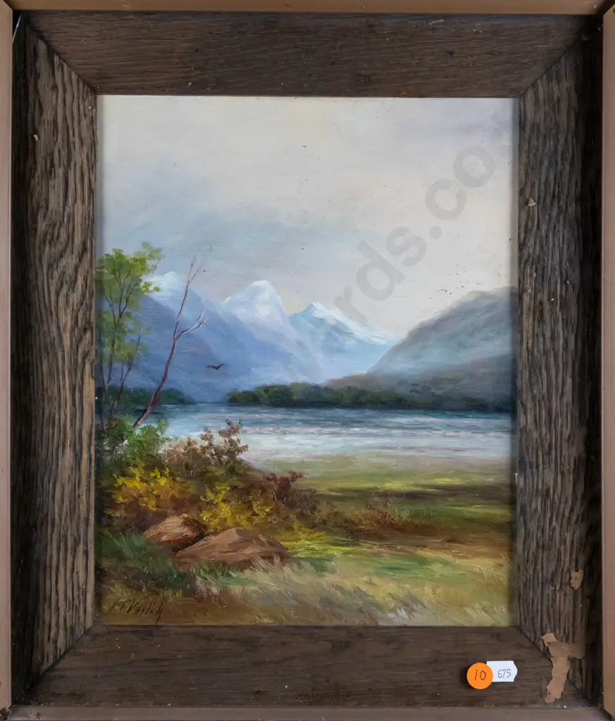 J.C. Veitch - framed oil - The Dart Valley Wakatipu - some debris under glass H-290 W-230 Image 1++