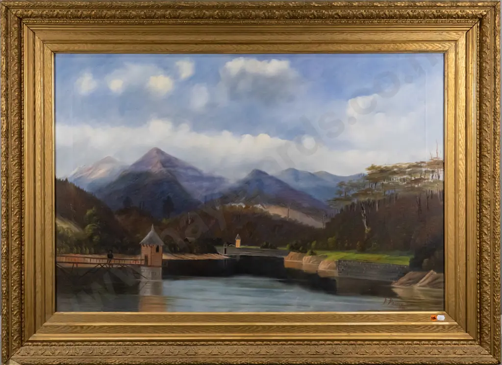 F Pruden 1900 - framed oil on canvas - city reservoir H-600 W-900 Image 1++