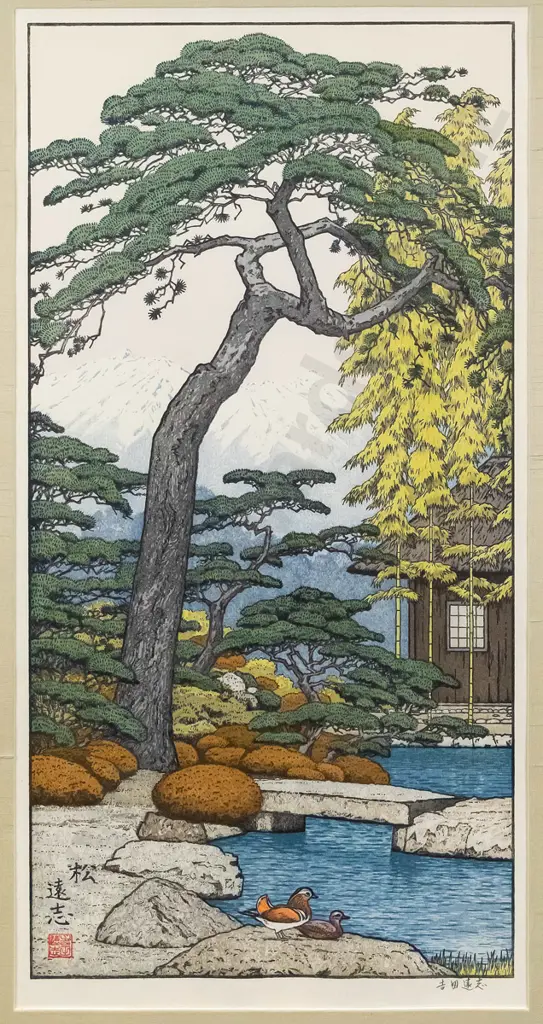 framed reproduction Japanese wood block print - garden scene. H-490 W-250 Image 1++