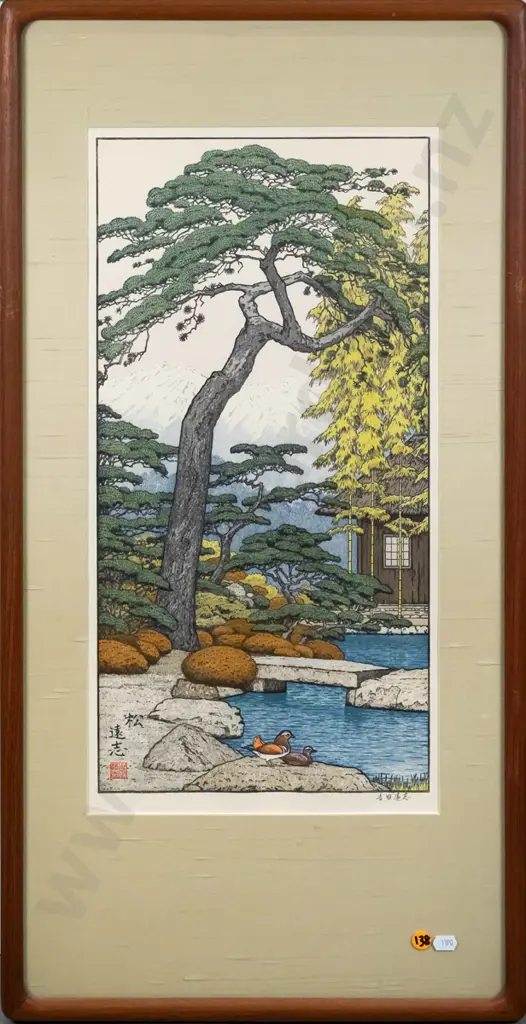 framed reproduction Japanese wood block print - garden scene. H-490 W-250 Image 1++
