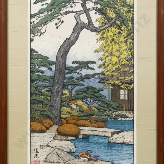 framed reproduction Japanese wood block print - garden scene. H-490 W-250