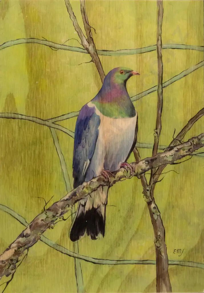 Elizabeth Jenkins - print on wood - kereru H-300 W-210 Image 1++