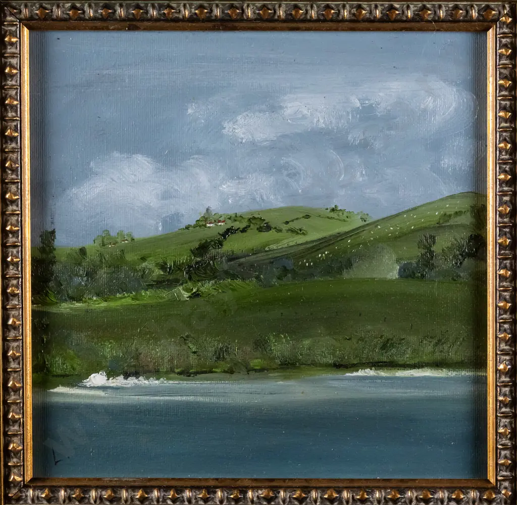 L Ledger - framed oil "Dunedin Harbour Waters Edge" H-190 W-190 Image 1++