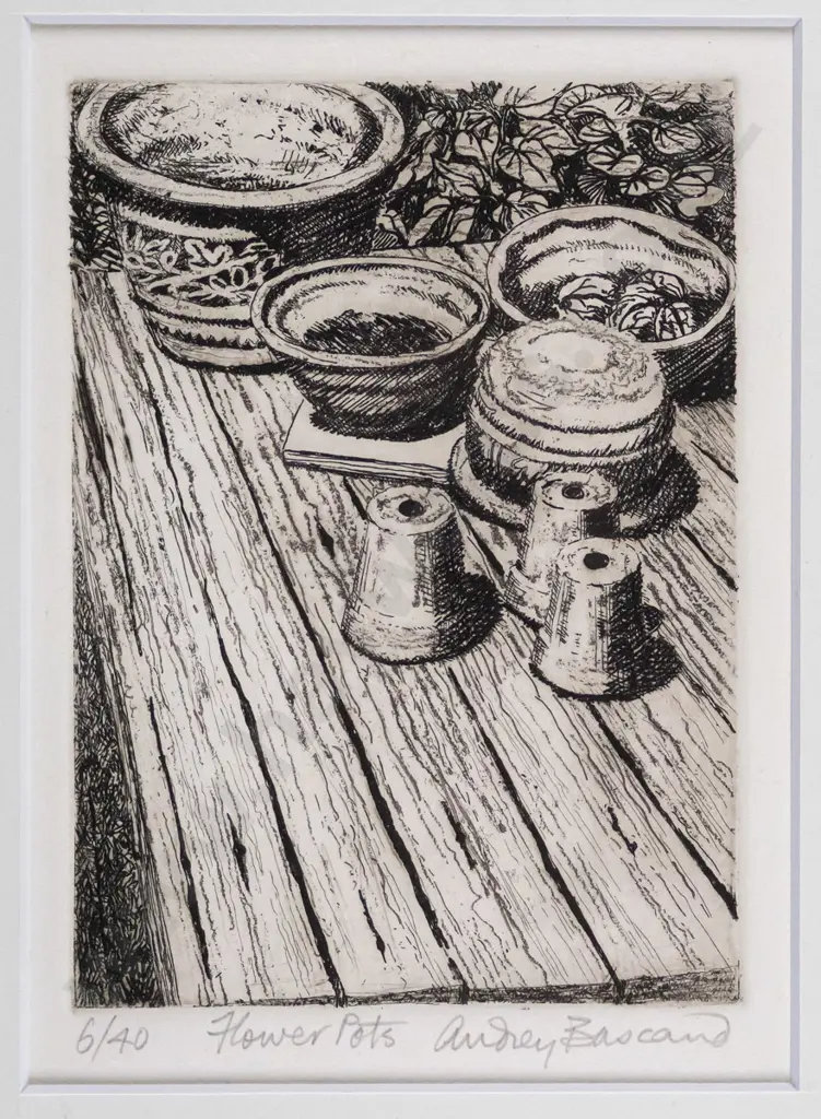 Audrey Bascand - framed etching 6/40 - Flower Pots H-130 W-100 Image 1++