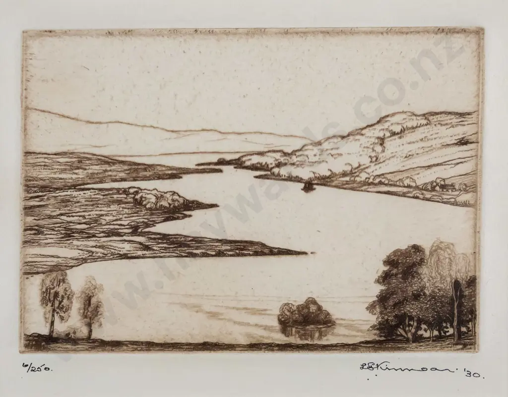 illegible signature - framed etching 6/250 - lake scene H-85 W-120 Image 1++