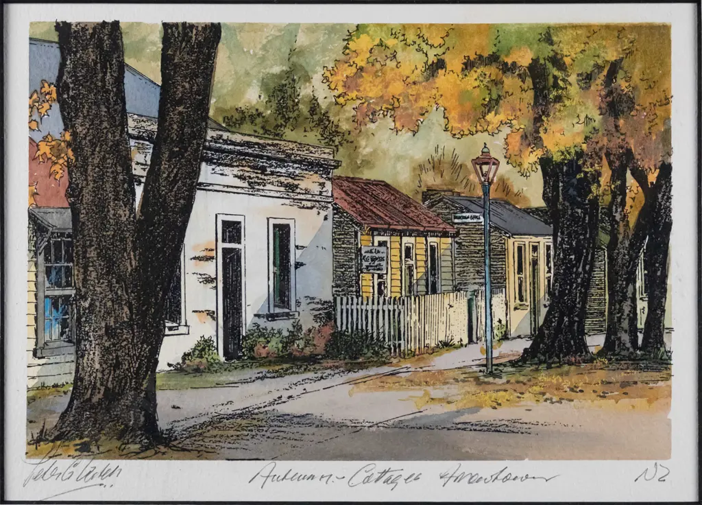 Peter G Leitch - framed hand coloured print - "Autumn Cottages Arrowtown" H-145 W-220 Image 1++