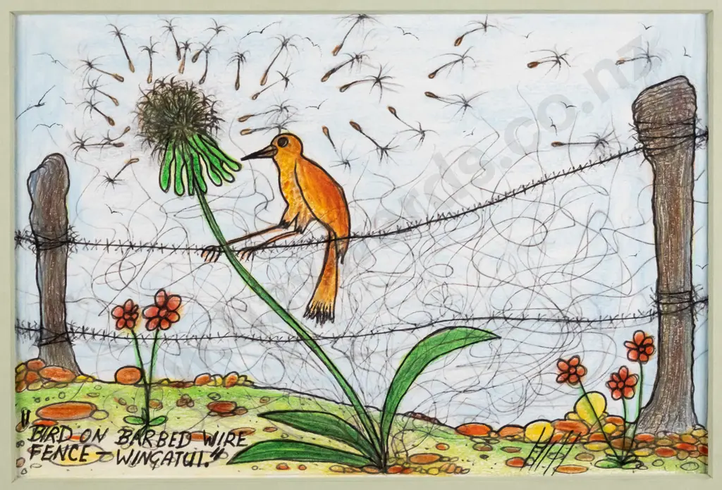 Ivan Hill c.1980  -mounted pencil & ink -"Bird on barbed wire fence" H-130 W-200 Image 1++