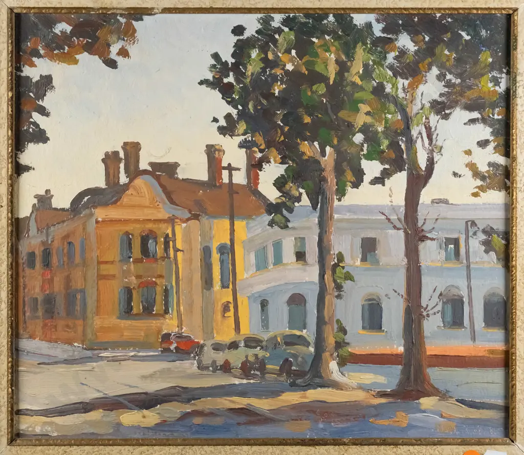 Mark Venables - framed oil - "Blues & Gold" H-300 W-350 Image 1++