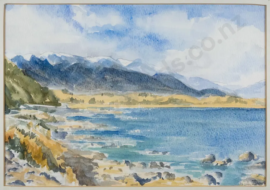Jocelyn Dowle - framed watercolour - lake and mountain scene H-190 W-270 Image 1++