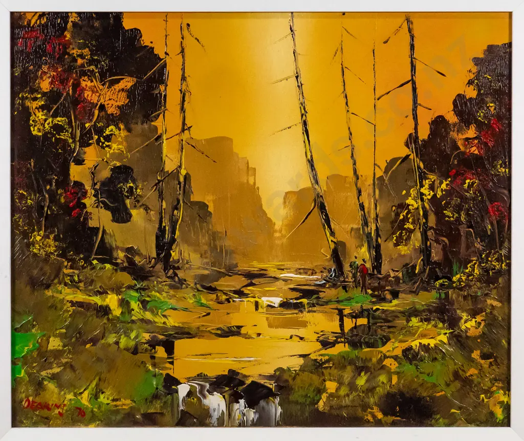 George Deakins '76 - framed oil - river and tree scene H-490 W-590 Image 1++