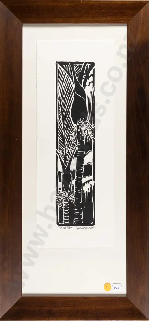Dawn Mann 2004 - framed lino print - "Nikau Palms" H-300 W-70 Image 1++