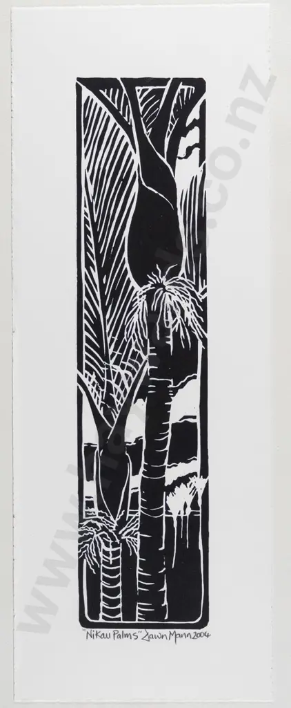 Dawn Mann 2004 - framed lino print - "Nikau Palms" H-300 W-70 Image 1++