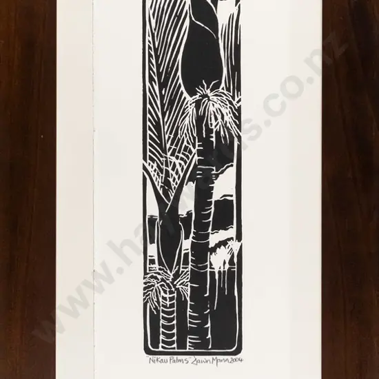 Dawn Mann 2004 - framed lino print - "Nikau Palms" H-300 W-70