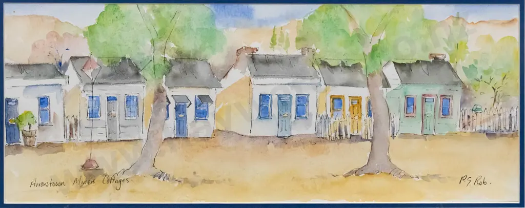 P.G. Rob - framed ink & watercolour - "Arrowtown Miners' Cottages" H-195 W-500 Image 1++