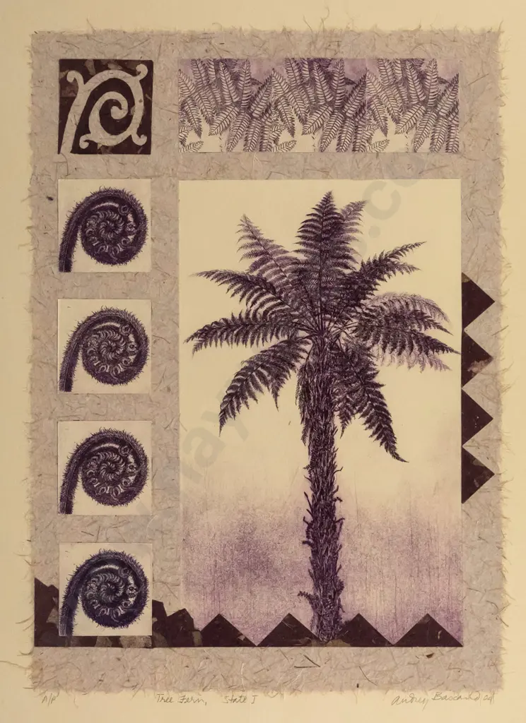 Audrey Bascand - framed etching, artist's proof - "Tree Fern, State 1" H-490 W-340 Image 1++