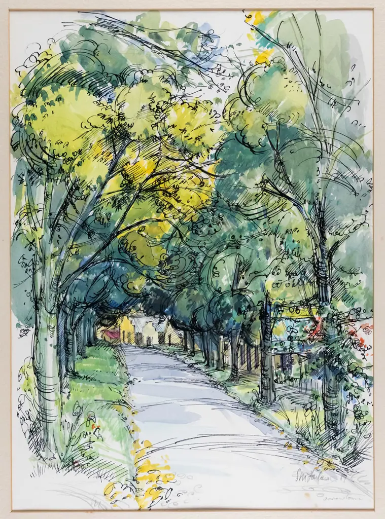 Shona McFarlane - framed ink & watercolour - Arrowtown H-310 W-220 Image 1++