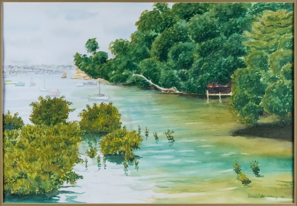 Brian Couldrey '93 - framed watercolour - Auckland inlet with boats H275 W390 Image 1++