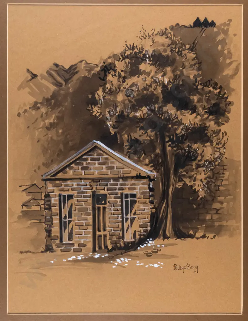 Pauline Berry (Bellamy) - framed watercolour - stone cottage H-370 W-280 Image 1++