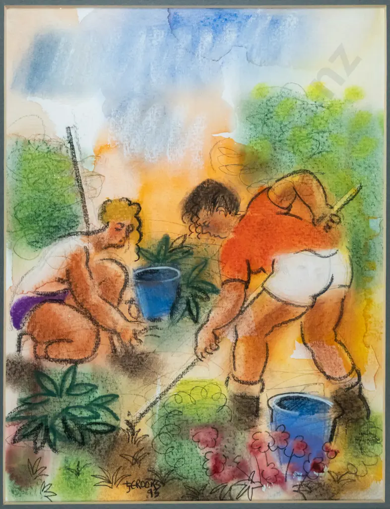 Lindsay Crooks - framed mixed media - people gardening H-280 W-220 Image 1++