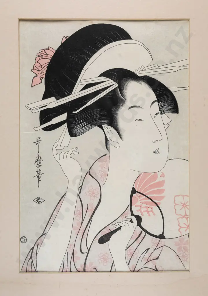 Kitagawa Utamaro? - framed Japanese woodblock print - female portrait H-270 W--185 (some staining to mat) Image 1++