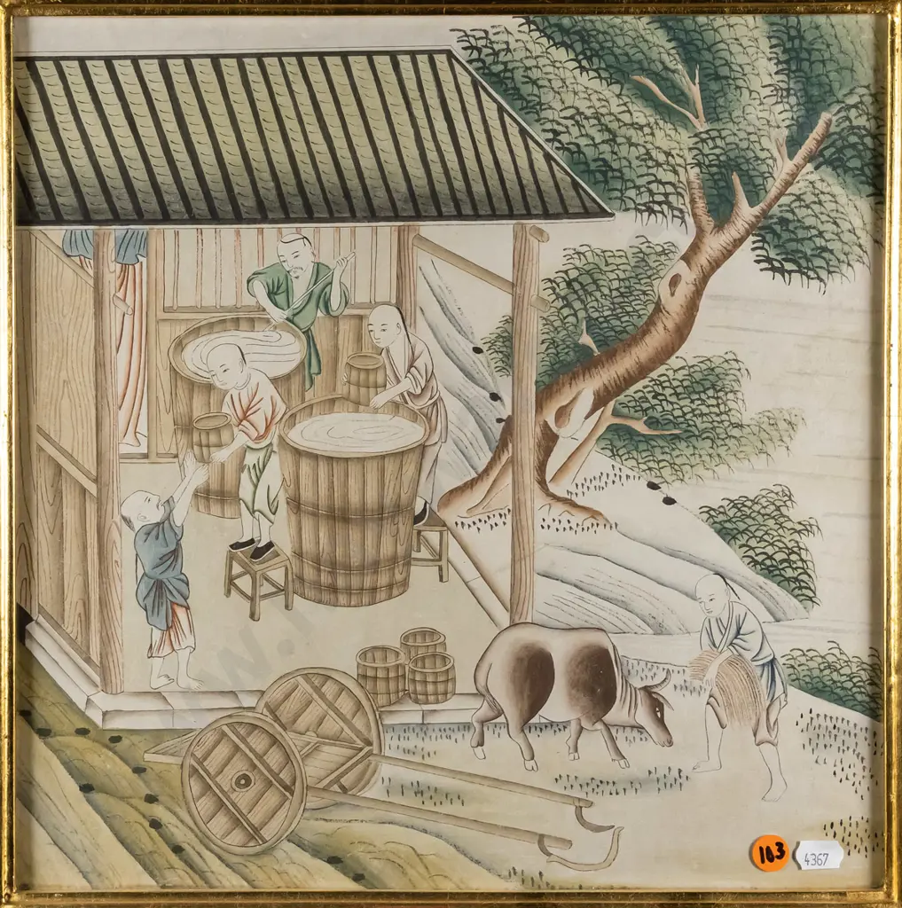 framed Japanese ink and watercolour - stirring vats - H-330  W-330 Image 1++