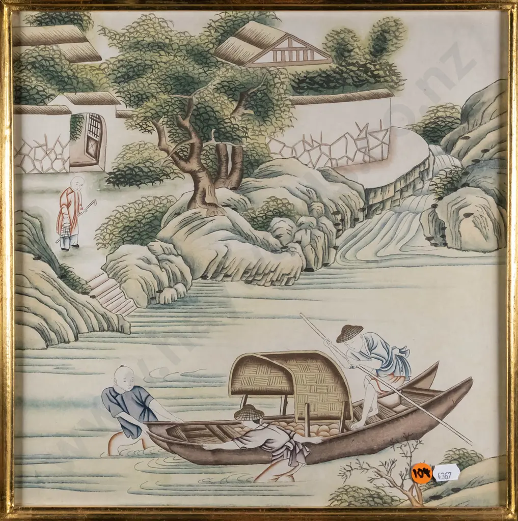 framed Japanese ink and watercolour - boat on water - H-330  W-330 Image 1++