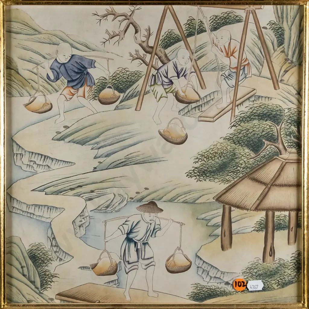 framed Japanese ink and watercolour - digging for clay - H-330  W-330 Image 1++