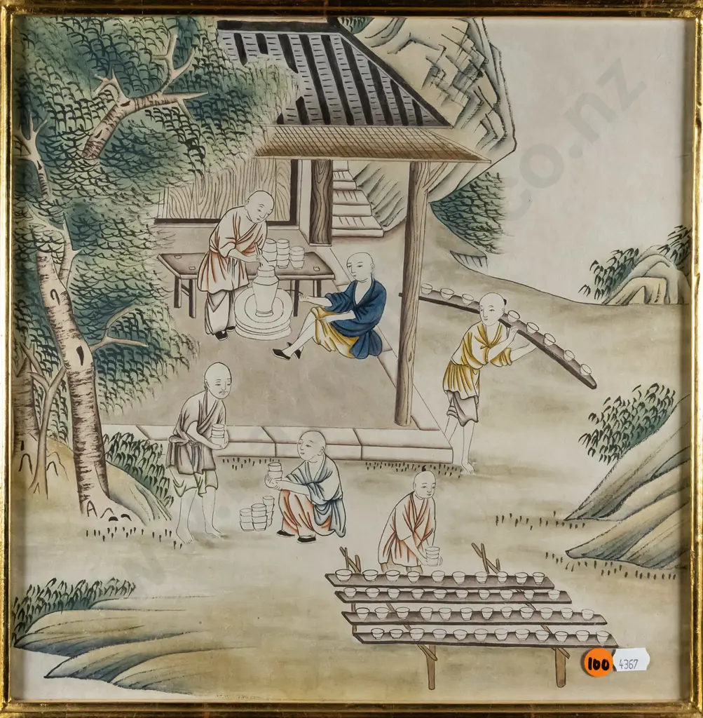 framed Japanese ink and watercolour - making pots - H-330  W-330 Image 1++