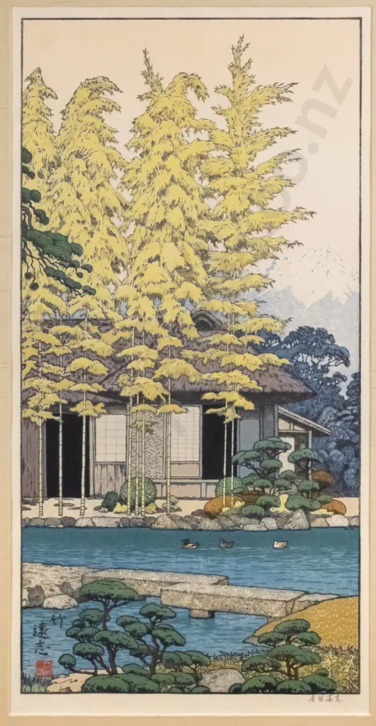 framed reproduction Japanese wood block print - garden scene. H-490 W-250 Image 1++