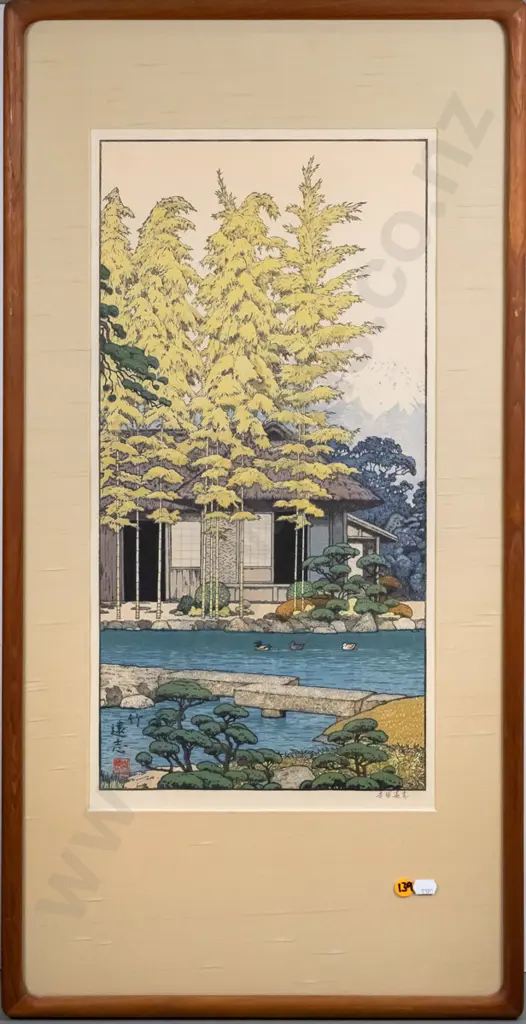 framed reproduction Japanese wood block print - garden scene. H-490 W-250 Image 1++