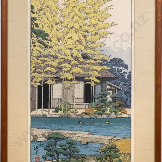 framed reproduction Japanese wood block print - garden scene. H-490 W-250